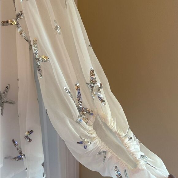 Anthropologie Cream Sequin Starfish Blouse sheer arms - Picture 3 of 5